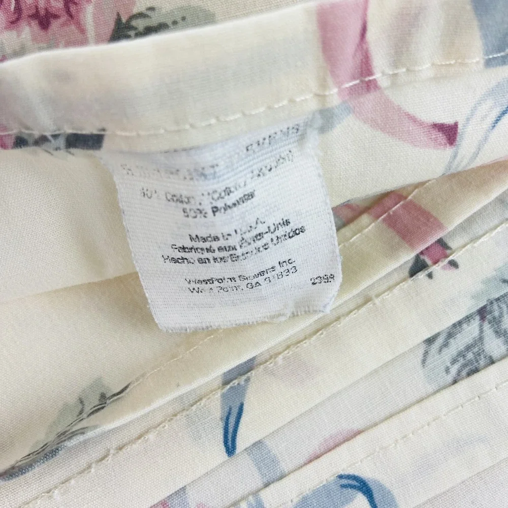 Vintage Stevens Full Flat Sheet Cases Pink Floral Roses Blue Ribbon Made in USA